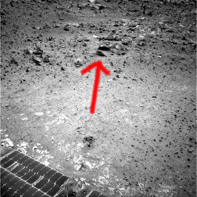 New landscape, but an old stone... - Sol 536
Questa sorpresa proprio non ce l'aspettavamo: guardate bene quella pietra scura indicata dalla freccia... Non ne ricordate una (diciamo) simile, MOLTO simile, vista un bel pò di tempo fa? 
Provate ad andare nella Sez. Mars Spirit Anomalies, pagina 4, secondo e terzo frame della prima striscia di immagini (titolo: Natural or "man-made"?) e poi fate il raffronto. Certo, non sono pietre identiche ma - caspita - la somiglianza (tra forma e colore) è impressionante! 
E se poi provate ad ingrandire leggermente il frame (senza esagerare, perchè l'immagine si sgrana subito), noterete anche uno o due dettagli in comune.
Un caso abbastanza impressionante, ma certo non l'unico: anche il nostro vecchio Amico "Roby" aveva trovato pietre simili (anzi: diremmo identiche), sia davanti a Spirit, sia davanti ad Opportunity (guardate il frame "One and the Same", inserito nell'ultima pagina di entrambe le Sez. dedicate alle Mars Spirit e Mars Opportunity Anomalies).

Che cosa ne potremmo dedurre?
Parole chiave: Mars rocks, sand and debris - Controversial image