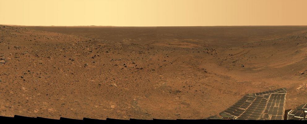 Mars Panorama: photomosaic - Sol 536/543 (1)
Original NASA caption:"This is the Spirit 'Independence Panorama', as acquired on Soles 536 to 543 (July 6 to 13, 2005), from a position in the Columbia Hills near the summit of Husband Hill. The summit of Husband Hill is the peak near the right side of this panorama and is about 100 mt (about 328 feet) away from the Rover and about 30 mt (about 98 feet) higher in elevation. The rocky outcrops downhill and on the left side of this mosaic include Larry's Lookout and Cumberland Ridge, which Spirit explored in April, May, and June of 2005. 

The panorama spans 360° and consists of 108 individual images, each acquired with 5 filters of the Rover's PanCam. The approximate true color of the mosaic was generated using the camera's 750-, 530-, and 480-nanometer filters".
Parole chiave: Postcards from Mars - Mars Panorama