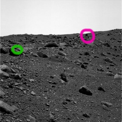Boulders Panorama - Sol 558 (2)
Cerchiatura verde: chi - o che cosa - si è alzato e ci sta guardando, dopo essere "sbucato" da dietro una roccia che presenta un'ampia fenditura centrale?
Cerchiatura fucsia: su che cosa poggia la roccia (?) scura e di forma vagamente rotondeggiante che vediamo sullo sfondo? Sta "levitando" per caso?!?
Parole chiave: Mars rocks, sand and debris - Controversial image