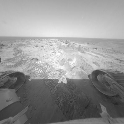Windy Summit - Sol 583
Caption NASA originale:"As NASA's Spirit Rover stood on the summit of Husband Hill to acquire a 360-degree panorama, its Front HazCams took this image of an area called Lambert. 
The Rover also used the instruments on its Robotic Arm to acquire data on an undisturbed soil deposit called Whymper. 
Additional data were collected on soils disturbed by the Rover's wheels. 
The soil is marked by wind-blown ripples and dust deposits, indicating that the Summit is a very windy place. The soil composition is similar to that of deposits found in the plains, which suggests that wind has homogenized these materials over long distances".
Parole chiave: Mars rocks, sand and debris