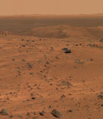 Panorama from the Summit (1) - Sol 585
Original NASA caption:"This approximate true-color panorama was taken by NASA's Spirit Rover after it successfully trekked to the top of Husband Hill, in the Columbia Hills of Gusev Crater - Mars. 
The "Little Rover That Could" spent the last 14 months climbing the hills in both the forward and reverse directions to reduce wear on its wheels. 
This breathtaking view from the summit reveals previously hidden southern terrain called Inner Basin (center), where Team Members hope to direct Spirit in the future. The Rover left tracks to the left point toward the West, the direction Spirit arrived from. 
The peaks of McCool Hill and Ramon Hill, still in the Columbia Hills, can be seen just to the left and behind the Inner Basin".
Parole chiave: Mars Panorama
