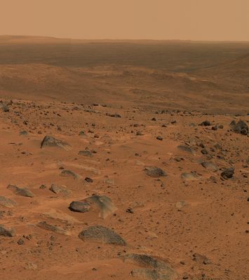 Panorama from the Summit (2) - Sol 585
Original NASA caption:"The mosaic is made up of images taken by the Rover's PanCam over a period of three days (sols 583 to 585, or August 24 to 26, 2005). It spans about 240° in azimuth and was acquired using 51 different camera pointings and three camera filters (750, 530 and 480 nnmts). 
Image-to-image seams have been eliminated from the sky portion of the mosaic to better simulate what a person standing on Mars would see".
Parole chiave: Mars Panorama