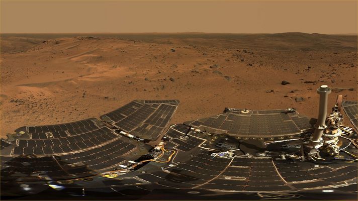 Summit Panorama (1) - Sol 583-586
The PanCam on NASA's MER Spirit took the hundreds of images combined into this 360° view, the "Husband Hill Summit" panorama. The images were acquired on Spirit's sols 583 to 586 (Aug. 24 to 27, 2005), shortly after the Rover reached the crest of "Husband Hill" inside Mars' Gusev Crater. This is the largest panorama yet acquired from either Spirit or Opportunity. The PanCam shot 653 separate images in 6 different filters, encompassing the Rover's deck and the full 360° of surface rocks and soils visible to the camera from this position. This is the first time the camera has been used to image the entire Rover deck and visible surface from the same position. 
Stitching together of all the images took significant effort because of the large changes in resolution and parallax across the scene.
Parole chiave: Mars Panorama - Husband's Hill Summit