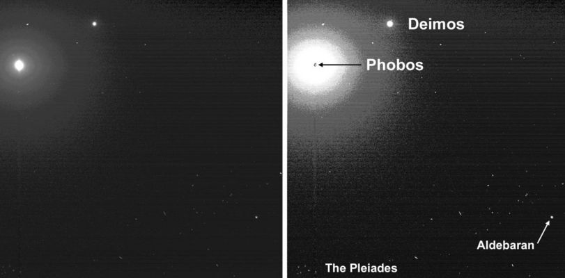 Phobos, Deimos and "The 7 Sisters" - Sol 590
Original caption:"(...) In this view, the Pleiades, a star cluster also known as the "Seven Sisters", is visible in the lower left corner. The bright star Aldebaran and some of the stars in the constellation of Taurus are visible on the right. Spirit acquired this image the evening of Sol 590 (Aug. 30, 2005). The image on the right provides an enhanced-contrast view with annotation. 
Within the enhanced halo of light is an insert of an unsaturated view of Phobos taken a few images later in the same sequence (...)".
Parole chiave: Mars Moons - Deimos and Phobos