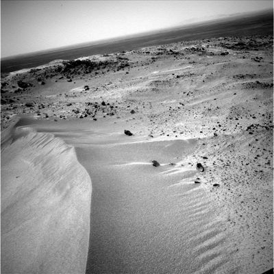 Beautiful Panorama: sand-dunes, boulders and far distant horizon (3) - Sol 605
O magari sono segni del passaggio - saltuario - dell'acqua (anche se pensiamo che sarebbe meglio parlare di "umidità sotterranea")?
Parole chiave: Mars Panorama - Postcards from Mars