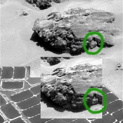 What is changed?!? - Sol 620-623
Cerchiatura Verde: su Marte esistono "rocce retrattili"?!? Guardate bene e, credeteci, il cambio di angolo visuale - comunque, se c'è stato, davvero minimo - non può arrivare a giustificare nè a spiegare il mutamento di posizione della roccia cerchiata in verde...

Che cosa c'è, dunque, sotto le rocce di Marte e sotto la sua superficie? Che cosa stiamo guardando?
Parole chiave: Highly Controversial Image