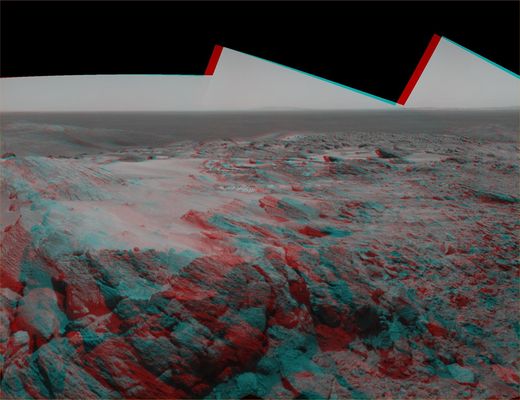 Panorama (1) - Sol 627
Original caption:"Before moving on to explore more of Mars, NASA's Mars Exploration Rover Spirit looked back at the long and winding trail of twin wheel tracks the Rover created to get to the top of Husband Hill. 
Spirit spent several days in October 2005 at this location, perched on a lofty, rock-strewn incline next to a precarious outcrop nicknamed Hillary. Researchers helped the Rover make several wheel adjustments to get solid footing before conducting scientific analysis of the rock outcrop. 
The rock turned out to be similar in appearance and composition to a rock target called Jibsheet that the Rover had studied several months earlier and hundreds of meters away".
Parole chiave: Mars - 3D