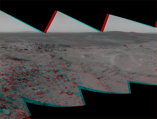 Panorama (2) - Sol 627
Original caption:"To the West are the slopes of the Columbia Hills, so named for the astronauts of the Space Shuttle Columbia. Beyond the hills are the flat plains and rim of Gusev Crater.

Spirit took this 360° panorama with its NavCam on the 627th Sol, (Oct. 7, 2005) of its exploration of Gusev Crater on Mars. 
This stereo view is presented in a cylindrical-perspective projection with geometric seam correction". 
Parole chiave: Mars - 3D