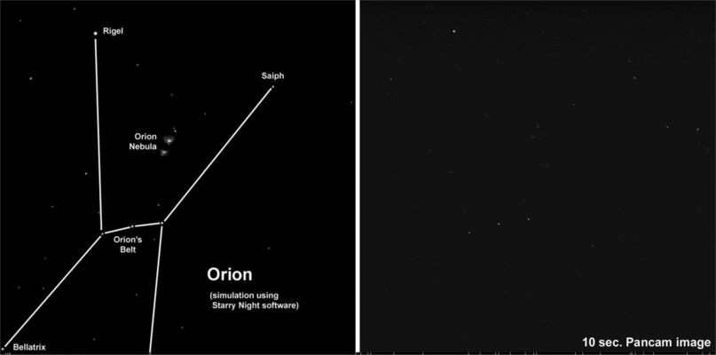 Orion...through the eyes of Spirit! (1) - Sol 632
Original caption:"NASA's MER Spirit continues to take advantage of extra solar energy by occasionally turning its cameras upward for night sky observations. Most recently, Spirit made a series of observations of bright star fields from the summit of "Husband Hill" in Gusev Crater on Mars. Scientists use the images to assess the cameras' sensitivity and to search for evidence of nighttime clouds or haze. The image on the left is a computer simulation of the stars in the constellation Orion. The next three images are actual views of Orion captured with Spirit's PanCam during exposures of 10, 30, and 60 seconds".
Parole chiave: Martian Night-Sky