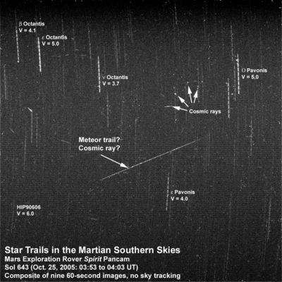 Spirit's search for meteors - Sol 643
Si vedano i commenti (nonchè la Original Caption) riportati nelle note al frame relativo al Sol 668.
Parole chiave: Martian Night-Sky - possible shooting stars and cosmic rays
