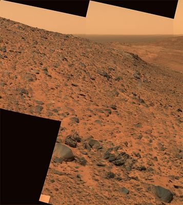 East Basin (1) - Sol 653
Original caption:"NASA's MER Spirit used its PanCam to obtain this view of the impact feature called "East Basin" to the North-East of Husband Hill. The images combined into this mosaic were taken during Spirit's 653rd Sol (Nov. 3, 2005), just before Spirit descended eastward onto Haskin Ridge. The view is about 150° wide. It is an approximately true-color rendering generated using the camera's 750-, 530-, and 480-nnmts filters".
Parole chiave: Mars Panorama - East Basin