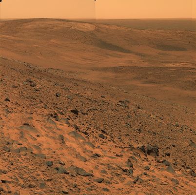 East Basin (2) - Sol 653
Original caption:"Dark features on the far side of the basin, just left of center in this view, are basaltic sand deposits that were emplaced on the lee sides of hills by northwesterly winds. Haskin Ridge is visible along the right margin of the image, capped by a light-toned layer of rock. 
Spirit investigated the light-toned rock unit after taking this image. 
The basaltic plains located east of the Columbia Hills can be seen in the distance beyond East Basin. The rim of Thira Crater is just visible on the distant horizon some 15 Km (about 9,3 miles) away".
Parole chiave: Mars Panorama - East Basin