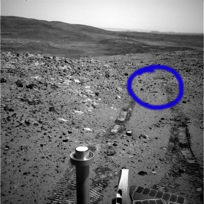 Rocky Panorama (3) - Sol 660
Cerchiatura Blu: potremmo anche sbagliarci ma, a nostro avviso, le tracce del Rover visibili sul terreno sono incoerenti (davvero molto diverse da quelle che vengono lasciate quando il Rover "ruota" su se stesso e che, di solito, descrivono dei piccoli archi). Naturalmente ne consegue che, se la nostra impressione-valutazione fosse corretta, le impronte in oggetto verrebbero a configurarsi come delle "impronte impossibili".
Parole chiave: Mars Panorama - Rocks, Outcrops and Boulders - Controversial