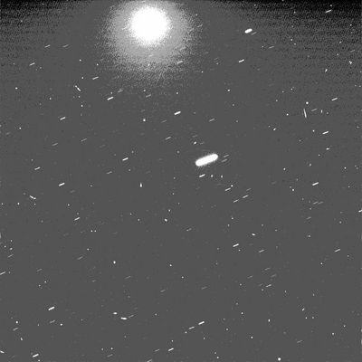 Phobos and the Martian night-sky - Sol 675
Original caption:"Left Pan-Cam Non-linearized Full frame EDR acquired on Sol 675 of Spirit's mission to Gusev Crater at approx. 23:11:26 MLT.
Camera commanded to use Filter 1 (739 nm)". 
Parole chiave: Martian Moons - Phobos (from Mars' surface)