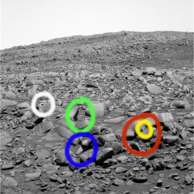 Rocks, strange rocks and other Singularities... - Sol 677
Cerchiatura Bianca: roccia con buco e (possibile) alterazione digitale;

Cerchiatura Verde: roccia anomala, con ombra "discutibile";

Cerchiatura Blu: roccia fortemente anomala (a "becco") o manipolazione (taglio?);

Cerchiatura Rossa con sub-cerchiatura Gialla: gruppo di rocce anomale; nella cerchiatura gialla, segni di possibile manipolazione digitale ("picchi sfumati").
Parole chiave: Mars rocks, sand and debris - Controversial Image