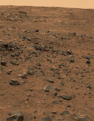 Inner Basin (2) - Sol 672 - 677
Original caption:"Home Plate, a bright, semi-circular feature scientists hope to investigate, is harder to discern in this image than in earlier views taken from higher up the hill. Spirit acquired this more oblique view, known as the Seminole Panorama, from about halfway down the south flank of Husband Hill, 50 mt (about 164 feet) or so below the Summit. Near the center of the Panorama, on the horizon, are McCool Hill and Ramon Hill, named, like Husband Hill, in honor of the fallen Astronauts of the space shuttle Columbia. 
Husband Hill is visible behind the Rover, on the right and left sides of the panorama. An arc of rover tracks made while avoiding obstacles and getting into position to examine rock outcrops can be traced over a long distance by zooming in to explore the panorama in greater detail".
Parole chiave: Mars Panorama - Inner Basin