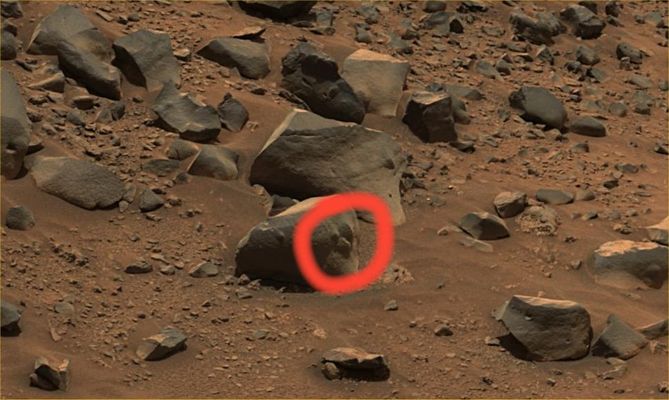 Martian rocks, in approx. true colors (8) - Sol 677
Cerchiatura Rossa: le "bozze" che si vedono sul fianco del macigno ripreso in questo frame sembrano avere la stessa natura e le medesime peculiarità delle "bozze" che caratterizzano il fianco di "Humphrey 2". Un caso anche questo? Il segno di un'attività geologica ripetitiva? O forse un segno di manipolazione del tipo "cut&paste"?

Vedete Voi...
Parole chiave: Mars rocks, sand and debris - Controversial Image
