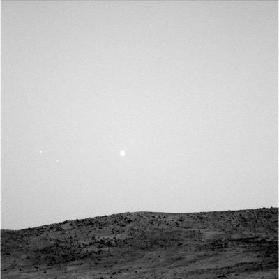 Setting Phobos and Deimos (1) - Sol 682
Un'immagine molto bella, che "sembra" genuina, ma che ci lascia pesanti dubbi circa la sua autenticità.
Questo frame dovrebbe rappresentare il "tramonto" di Phobos e Deimos il quale, coincidentalmente, viene ad occorrere proprio a ridosso dell'alba Marziana (siamo nella fase di "pre-dawn", per essere precisi, a circa 10-12 minuti dal levar del Sole).
Che dire? Perchè siamo dubbiosi? Perchè questo frame NON lo abbiamo trovato nella "Pagina NASA" dedicata ai MER Spirit ed Opportunity, bensì fra le tante immagini inserite in un "Blog Americano".

Controlleremo meglio il NASA - Official Site, comunque: magari, in fondo, questo frame è davvero genuino e ci è soltanto sfuggito...
Update: l'errore era nella rubricazione del frame come relativo al Sol 684 mentre invece si tratta di frame relativo al Sol 682. Tutto risolto? Diremmo di no: nel cielo del mattino Marziano, infatti, vediamo Phobos ma con DUE Compagni. Uno sarà/è Deimos; ma l'altro?!?

Original caption:"Left Pan-Cam Non-linearized Full frame EDR acquired on Sol 682 of Spirit's mission to Gusev Crater at approximately 05:02:52 Mars local solar time, camera commanded to use Filter 1 (739 nm). ".
Parole chiave: Martian Moons - Deimos and Phobos (from Mars' surface) - Controversial
