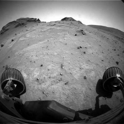 Front-View (1) - Sol 694
Original caption:"Left Front Haz-Cam Non-linearized Full frame EDR acquired on Sol 694 of Spirit's mission to Gusev Crater at app.x 13:00:49 MLT".
Parole chiave: Martian Boulders and Outcrops