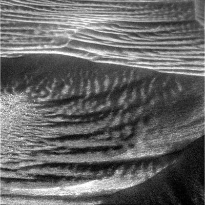 The ripples and dunes of El Dorado (5) - Sol 708
Per gli Appassionati che hanno "occhio": queste dune sinuose sono, a nostro parere, molto diverse dai Side-Winders di Meridiani Planum (diciamo che sono "parenti alla lontana"...).

Non ci sentiamo di fare speculazioni sulla loro composizione (sebbene la NASA fornisca, di quando in quando, qualche elemento di analisi), ma possiamo dire che queste formazioni, decisamente più vicine (per forma ed aspetto esteriore) alle dune terrestri, sembrano (sembrano!) dovere il loro aspetto all'azione di elementi esterni (uno dei quali potrebbe essere effettivamente il vento).

Tuttavia, questa speculazione "visiva", è destinata a cadere davanti ad un frame che Vi proporremo più avanti e che rappresenta l'impronta del Mössbauer spectrometer sulla sabbia: una sabbia che, come vedrete, non ha nulla a che fare con la sabbia terrestre e che, oltre ad apparire decisamente compatta (umida?) sembra essere formata da microgranuli perfettamente sferici (una versione miniaturizzata dei berries di Meridiani).

Commenti NASA? Zero.
Parole chiave: Martian Dunes and Ripples - Gusev Crater - El Dorado Area