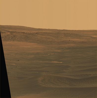 El Dorado on Mars! (1) - Sol 710
Original caption:"NASA's MER Spirit welcomed the beginning of 2006 on Earth by taking this striking panorama of intricately rippled sand deposits in Gusev Crater on Mars. This is an approximate true-color rendering of the "El Dorado" ripple field provided by Spirit over the New Year's holiday weekend. The view spans about 160° in azimuth from left to right and consists of images acquired by Spirit's PanCam on Spirit's Sol 708 and 710 (such as Dec. 30, 2005 and Jan. 1, 2006). Spirit used the PanCam's 750-, 530- and 430-nnmt filters to capture the colors on Mars. Scientists have eliminated seams between individual frames in the sky portion of the mosaic to better simulate the vista a person standing on Mars would see. Spirit spent several days acquiring images, spectral data, and compositional and mineralogical information about these large sand deposits before continuing downhill toward Home Plate". 
Parole chiave: Mars Panorama - Gusev Crater - Horizon and El Dorado ripple field