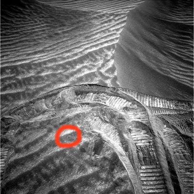 M�ssbauer's mark - Sol 711
Original caption:"Right Nav-Cam Non-linearized Full frame EDR acquired on Sol 711 of Spirit's mission to Gusev Crater at approximately 11:36:32 MLT".

Cerchiatura Rossa: l'impronta sulla duna dello spettrografo Mössbauer, il cui dettaglio ingrandito ci ha dato un'idea (davvero incredibile) della reale forma e tessitura delle sabbie di El Dorado.
Parole chiave: Martian Sands - El Dorado Area