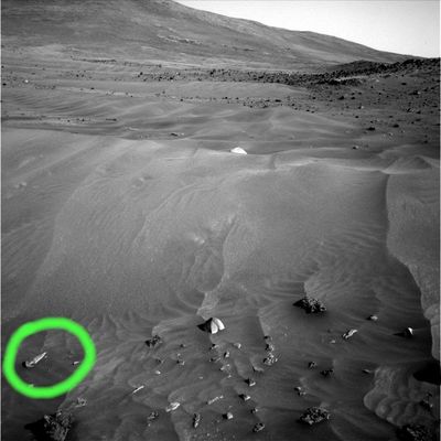 The "Sword" - Sol 716
Come segnalatoci dall'Amico Massimo Granzo, nella Cerchiatura Verde potete vedere una roccia dalla forma apparentemente curiosa e che ci potrebbe ricordare una sorta di spada o di pugnale, con impugantura a "quarto di luna" e parte anteriore di forma triangolare.

Si tratta di un "manufatto" (assimilabile all'amigdala, una roccia/utensile a forma di mandorla risalente al Paleolitico Inferiore)? 
L'ipotesi è ovviamente suggestiva ma noi, in tutta onestà, riteniamo che si tratti solo della parte superiore di una roccia più grande e parzialmente sepolta. Una porzione di roccia che ha assunto questa strana forma a causa dei depositi di sabbia che l'hanno parzialmente ricoperta - e ciò significa che, a nostro parere, più che essere la roccia "strana", sono i depositi sabbiosi che, ricoprendola in parte, ne hanno determinato la forma, "ridisegnandola" (e tutto questo senza nulla togliere, ovviamente, al "colpo d'occhio" del nostro Amico Massimo al quale vanno comunque - e come sempre - i nostri complimenti e ringraziamenti). 
Parole chiave: Mars Rocks, Sand and Debris - Anomalous Surface Feature
