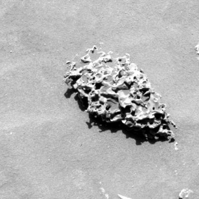 "Bubble Rock" - Sol 736
Caption originale:"Left Pan-Cam Non-linearized Sub-frame EDR acquired on Sol 736 of Spirit's mission to Gusev Crater at approximately 11:25:04 MLT. Camera commanded to use Filter 6 (482 nm)".
Parole chiave: Mars Rocks, Sand and Debris - Anomalous Surface Feature