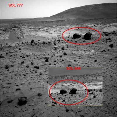 Spirit is NOT moving! - Sol 777 - Sol 846
Una bella immagine comparativa suggeritaci dal Dr Barca la quale, in parte, conferma quello che la NASA dice da un pò di tempo (e cioè che Spirit è fermo), ed in parte ci fa domandare - dopo aver visto e valutato altre centinaia di frames - "Ma se Spirit è davvero fermo, allora da quanto tempo lo è"?

I conti - e Vi basta che andiate a fare un giro nella Sol-by-Sol Gallery per verificarlo - non tornano.

Come (quasi) sempre...
Parole chiave: Controversial Frame