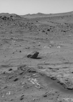 Around the "Winter Haven" (1) - Sol 807
Caption NASA originale:"This view shows tracks created by NASA's MER Spirit while traveling from the bright soil deposit (...), informally named Tyrone, to the vehicle's current location, dubbed Winter Haven.
Spirit parked at Winter Haven on a small North-facing slope to maximize solar energy input during the Martian Winter. This stayover presents an opportunity to do more intensive, long-term investigations of the Rover's surroundings than are typically possible during warmer seasons when the vehicle spends more time driving from place to place. One of these activities is assessing the influence of wind by monitoring surface changes. Experience from the Viking Landers of the 1970s suggests that wind-related surface changes are more likely to occur in recently disturbed soil. This mosaic view combines 2 cameras' images of disturbed soil in Spirit's tracks, taken shortly after arriving at Winter Haven. 
It will provide a comparison with future images to help reveal any wind-related surface changes".
Parole chiave: Mars Panorama - Rocks, Outcrops and Boulders - Gusev Crater