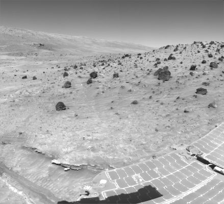 Spirit's Winter Haven: the surroundings (3)
Caption NASA originale:"Panoramic images will provide important information about the nature and origin of surrounding rocks and soils. Spirit will also study the mineralogy of the surrounding terrain using the Thermal Emission Spectrometer and search for surface changes caused by high winds. After the Winter Solstice in August, depending on energy levels, scientists may direct the Rover to pivot around the disabled, right front wheel to get different targets within reach of the RA. When the Winter Season is over and solar energy levels rise again, scientists will direct Spirit to leave its Winter "Campaign Site" and continue examining the Columbia Hills".
Parole chiave: Mars Panorama