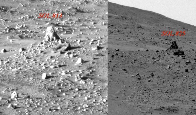 The "Totem" is alive! - Sol 813/825
Per coloro i quali avessero avuto dei dubbi e/o per quanti pensano che gli Anomaly Hunters sono individui che soffrono di "traveggole", un nuovo mosaico del Dr Gianluigi Barca che ci mostra altri due "momenti" del rilievo superficiale che abbiamo battezzato "Totem".

Gli angoli visuali sono - e lo si vede bene - leggermente diversi, certo, ma le fattezze del Totem, invece, sono RADICALMENTE diverse (non nella loro forma esteriore bensì nella..."espressività" del rilievo)! 
Nel Sol 813, il Totem è quasi del tutto piatto e "dormiente"; nel Sol 825, tutti i fori che caratterizzano la sua "faccia" sono aperti.
Attenzione: forse il Totem è "vivo" e forse non lo è, ma la NASA...Si rende conto, la "Grande NASA", di quello che "espone" sul suo Sito?!?
Parole chiave: Martian Surface - Highly Controversial