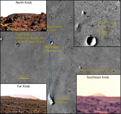 The Pathfinder Landing Site, from Viking 1 (2)
Mosaic of Viking Orbiter images illustrating the location of the Pathfinder Lander (approx. 19,17Â° North Lat. and 33,21Â° West Long in the USGS ref. frame) with respect to surface features. Prominent features on the horizon include North Knob, Southeast Knob, Far Knob, Twin Peaks and Big Crater. Two small craters visible in the Orbiter and Lander views (Little Crater and Rimshot Crater) lie on the NW outer flank of the rim of Big Crater. Since the Lander is on the SE-facing flank of a low ridge, very distant features to the South and East are in view, whereas relatively nearby features to the North are partially or completely obscured. Only the tip of North Knob, which appears larger in the Viking orbiter images than the Twin Peaks, projects above the Local Horizon, and a 300-m crater, 1.2 km to the North/East, is completely obscured".
Parole chiave: Mars from orbit - edited