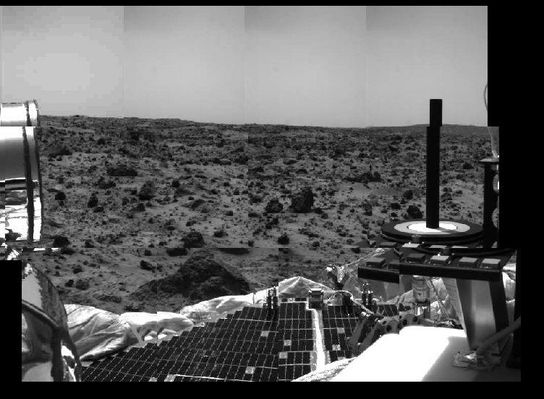 Details and Features of the Pathfinder - Sol 1
Original caption:"Several prominent features of Mars Pathfinder and surrounding terrain are seen in this image, taken by the Imager for Mars Pathfinder on July 4 (Sol 1), the spacecraft's first day on the Red Planet. Portions of a lander petal are at the lower part of the image. At the left, the mechanism for the high-gain antenna can be seen. The dark area along the right side of the image represents a portion of the low-gain antenna. The radiation calibration target is at the right. The calibration target is made up of a number of materials with well-characterized colors. The known colors of the calibration targets allow scientists to determine the true colors of the rocks and soils of Mars. Three bull's-eye rings provide a wide range of brightness for the camera, similar to a photographer's grayscale chart. In the middle of the bull's-eye is a 5-inch tall post that casts a shadow, which is distorted in this image due to its location with respect to the lander camera. A large rock is located at the near center of the image. Smaller rocks and areas of soil are strewn across the Martian terrain up to the horizon line".
Parole chiave: Mars Panorama