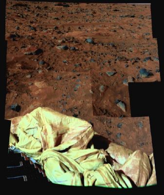 Rock Garden - Sol 20 and 38
This preliminary enhanced color image mosaic of the area North-East of the lander was made using images acquired in the afternoon of Sol 20 (top portion of the mosaic) and Sol 38 (bottom portion of the mosaic) by the IMP camera as part of the Super-Pan data set. The differences in brightness between the upper and lower portions of the mosaic result from slightly different sun angle positions between Soles 20 and 38, and can be compensated by subsequent analysis of the reflectance of surface rocks and soils under different lighting conditions.
Red, green, and blue filter images from the right eye were combined to simulate slightly amplified natural color. The bright, flat areas Scooby Doo and Baker's Bench are visible left of center and above center in the mosaic, respectively. Airbags and a portion of one of the lander petals are visible in the foreground.
Parole chiave: Mars rocks, sand and debris