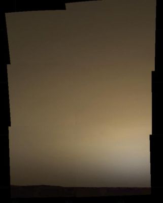 Sunrise on Mars from Pathfinder - Sol 39 (True Colors; credits: NASA/JPL)
Caption NASA:"Sunrise, Sol 39. This true color, pre-sunrise image (approximately 05:30 MLT) is composed of six images extending 30 ° in azimuth and 45 ° in elevation and shows the brownish gray predawn sky. A description of the techniques used to generate this color image from IMP data can be found in Maki et al., 1999. Note: a calibrated output device is required accurately reproduce the correct colors.
Mars Pathfinder is the second in NASA's Discovery program of low-cost spacecraft with highly focused science goals. The Jet Propulsion Laboratory, Pasadena, CA, developed and manages the Mars Pathfinder mission for NASA's Office of Space Science, Washington, D.C. JPL is an operating division of the California Institute of Technology (Caltech). The IMP was developed by the University of Arizona Lunar and Planetary Laboratory under contract to JPL. Peter Smith is the Principal investigator".
Parole chiave: Postcards from Mars