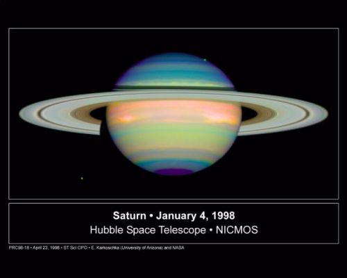 Infrared view of Saturn - HST
Caption NASA originale:"The blue colors indicate a clear atmosphere down to a main cloud layer. The green and yellow colors indicate a haze above the main cloud layer. The red and orange colors indicate clouds reaching up high into the atmosphere and red clouds are even higher than the orange ones. The densest regions of two storms near Saturn's equator appear white hile the rings, basically made up of chunks of ice, are as white as images of ice taken in visible light".
Parole chiave: Hubble Images - Saturn