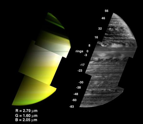 Saturn's pressure
Original NASA caption:"This new view on the right side shows clouds at an altitude where pressure is nearly 2 bars. (nota---->1 bar rappresenta l'unità di misura della pressione atmosferica terrestre esistente al livello del mare). These clouds are about 30 Km underneath the clouds usually observed on Saturn. This is distinctly different from the typical view of Saturn in reflected sunlight, shown on the left. 
The left view is characterized by broad expanses of clouds near the 1-bar level, such as the white cloud seen circling the Equator, with little hint of the discrete cloud complexes lying underneath (...)".
Parole chiave: Saturn