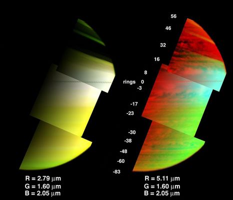 Saturn's clouds in 3D
Saturn's clouds and hazes at three different levels in the atmosphere are depicted in the image on the right, as observed by the visual infrared mapping spectrometer on the Cassini spacecraft. 

In the image, red represents the deepest clouds yet found on Saturn. They are at an altitude where pressure is nearly double Earth's sea-level air pressure. The spectrometer saw these clouds using a 5.1 micron wavelength. Brightness levels in the original image were inverted to show cloud as bright features. Green is an image taken simultaneously at 1.6 micron wavelength, showing upper-level clouds near and above the altitude where atmospheric pressure equals Earth's sea-level air pressure, a pressure expressed as 1 bar. Blue is an image taken at 2.05 micron, a wavelength which is limited to showing only higher cloud level due to absorption of light by the hydrogen gas comprising the bulk of Saturn's atmosphere. Blue indicated clouds of an altitude where atmospheric pressure is only about 70 percent of Earth's sea-level air pressure. Thus, the aqua-colored feature over the equator is high-altitude haze residing 10 kilometers (6 miles) altitude above the typical zonal features seen in reflected sunlight over the planet (green). 

The image on the left shows only the upperatmosphere above the 1-bar level, and is the view seen in reflected sunlight as observed by cameras not capable of seeing the thermal radiation of Saturn. Red in this image was taken at 2.79 micron, a wavelength that absorbs ammonia. The greenish appearance of the south pole indicates that ammonia gas is enhanced there. 

As opposed to the uniform bands of hazes and clouds seen over the planet at pressures near and less than 1 bar, clouds at the 2-bar level (red, in right-hand image) are distinct, and come in a variety of shapes and sizes. 

Parole chiave: Saturn