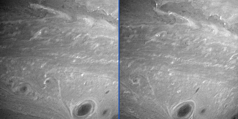 The "anti-hurricanes" of Saturn
Vortices mingle amidst other turbulent motions in Saturn's atmosphere in these two comparison images. The image on the right was taken about two Saturn rotations after the image on the left. 
Both views show latitudes from -23° to -42°. The region below center in these images (at -35°) has seen regular storm activity since Cassini first approached Saturn in early 2004. 
Cassini investigations of the atmosphere from February to October 2004 showed that most of the oval-shaped storms in the latitude region near -35° rotate in a counter-clockwise direction, with smaller storms occasionally merging into larger ones. 
On Earth, hurricanes in the Southern Hemisphere rotate clockwise. Thus, the storms in these images of Saturn's southern latitudes could be called "anti-hurricanes." 
This backwards spiraling (compared to Earth) is common on the giant planets.
Parole chiave: Saturn