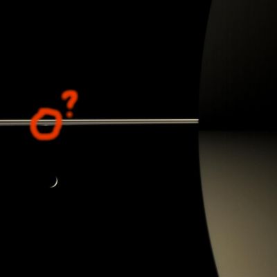 The "night-side" of Saturn (natural colors)
This rare color view of Saturn's night side shows how the Rings dimly illuminate the Southern Hemisphere, giving it a dull golden glow. Part of the Northern dark side is just visible at top - the illumination it receives being far less than the South. 
The unlit side of the Rings is shown here. The portion of the Rings closest to Cassini is within the dark shadow of Saturn; the bright distant portion is outside the Planet's shadow. 
A crescent Tethys appears below the rings at left. 

Images taken using red, green and blue spectral filters were combined to create this color view. The images were taken with the Cassini spacecraft narrow-angle camera on April 2, 2006, at a distance of approx. 3,8 MKM (about 2,4 MMs) from Saturn and 3,5 MKM (about 2,2 MMs) from Tethys. The image scale is about 23 Km (14 miles) per pixel on Saturn.

Cerchiatura Rossa: probabile evidenza di una "Luna Pastore" (Pandora?) o di un "clump" di notevoli dimensioni (optiamo per la "Shepherd Moon").
Parole chiave: Saturn and Companions
