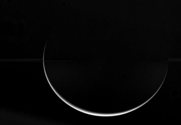 "Flat and Ringless" Saturn...
Caption NASA originale:"Saturn's low density and fast rotation combine to give it its characteristic oblate shape. The dramatic crescent seen here demonstrates how the Ringed Planet is much wider at the equator than at the poles. 
The Rings (seem to) disappear near the center into the darkness of the Planet's shadow. 

The image was taken in visible light with the Cassini spacecraft wide-angle camera on July 11, 2006 at a distance of approx. 2,9 MKM (such as about 1,8 MMs) from Saturn and at a Sun-Saturn-spacecraft, or phase, angle of 163°. 
Image scale is approx. 169 Km (about 105 miles) per pixel".
Parole chiave: Saturn