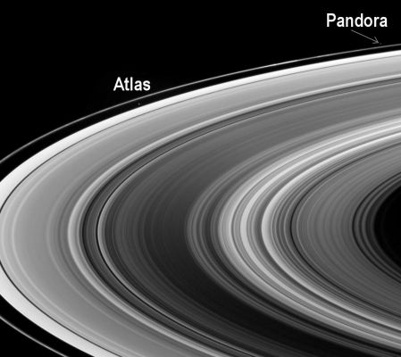 The "Ring-Masters"
Caption NASA:"This view looks down onto the unlit side of Saturn's Ringplane. It nicely shows a near-arm/far-arm brightness asymmetry in the B-Ring: The near arm of the B-Ring (in the lower half of the image) is notably darker from this viewing geometry than is the far arm (above). 
Imaging scientists believe this to be a manifestation of the reflection of light from the disk of Saturn falling predominantly on the far arm of the Rings. (At the time this image was taken, Cassini was more or less on the dark side of the Planet.) As the B-Ring is the thickest part of Saturn's Rings, it scatters less sunlight from below, and reflects more Saturnshine from above, than either the A or C-Rings, making the effect look more dramatic in the B-Ring. Two small moons appear in this scene as well: Atlas and Pandora (32 and 84 Km across, respectively); between the two moons lie multiple clumps of material in the F-Ring. 

The image was taken in visible light with the Cassini spacecraft wide-angle camera on July 25, 2006 at a distance of approximately 1 million kilometers (600,000 miles) from Saturn and at a Sun-Saturn-spacecraft, or phase, angle of 128 degrees. Image scale is 58 kilometers (36 miles) per pixel.
Parole chiave: Saturn and Companions (Atlas & Pandora)