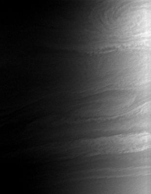 Saturn's Terminator
Caption NASA originale:"Saturn's clouds billow and swirl in the turbulent zones of shear between Eastward- and Westward-flowing jets. This view looks toward the Terminator on Saturn, where night gives way to day. 
The image was taken using a spectral filter sensitive to wavelengths of infrared light centered at 728 nanometers. 
The image was obtained with the Cassini spacecraft wide-angle camera on Aug. 16, 2006 at a distance of approx. 338.000 Km (about 210.000 miles) from Saturn and at a Sun-Saturn-spacecraft, or phase, angle of 67°. 

Image scale is roughly 17 Km (about 10 miles) per pixel". 
Parole chiave: Saturn - Upper Atmosphere