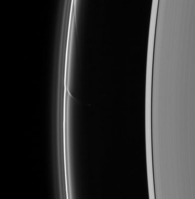More "Streamers" on sight!
A shepherd moon can do more to define ring structures than just keep the flock of particles in line, as Cassini spacecraft images such as this have shown. 
Prometheus is seen here with two long streamers of material that it has pulled out of the F-Ring. When Prometheus comes close to the F-Ring in its orbit, the moon's gravity tugs on the ring particles. The disturbed particles, now pulled into orbits slightly closer to Saturn and therefore faster, shear out during successive orbits, creating the long and delicate streamers seen here. 

This view looks toward the unlit side of the Rings from about 31° above the Ring-Plane. 

The image was taken in visible light with the Cassini spacecraft narrow-angle camera on Sept. 29, 2006 at a distance of approx. 1,7 MKM (a little more than 1 MMs) from Prometheus and at a Sun-Prometheus-spacecraft, or phase, angle of 160°. 
Image scale is roughly 10 Km (about 6 miles) per pixel.
Parole chiave: Saturn's Rings - The "F" Ring