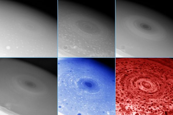The VERY RESTLESS South Pole of Saturn
These images of Saturn's south pole, taken by two different instruments on Cassini, show the hurricane-like storm swirling there and features in the clouds at various depths surrounding the pole. Different wavelengths reveal the height of the clouds, which span tens of kilometers in altitude. 
The four monochrome images displayed here were acquired by the imaging science subsystem; the blue and red images in the bottom row were taken by the visual and infrared mapping spectrometer. The images are arranged in order of increasing wavelength in nanometers as follows: (top row) 460 nm, 752 nm, 728 nm; (bottom row) 890 nm, 2,800 nm, 5,000 nm. 

At the center of the cauldron of storms spinning around the south pole is the south pole itself, which literally appears to be the eye of this vast polar storm system. As in a hurricane on Earth, the south polar "eye" is relatively clear of clouds and is surrounded by a wall of towering clouds that cast shadows into the center. However, while morphologically similar, it is not clear if this vortex operates in the same fashion as a terrestrial hurricane. In most of the images, the center of the polar storm is quite dark, indicating an unusually cloud-free atmosphere in the upper skies, which are otherwise typically inhabited by bright ammonia clouds. This polar hole in the ammonia cloud layer represents the eye of the hurricane-like storm. Unusually dark clouds likely exist at the bottom of this deep hole, enhancing the murkiness there. 

The first image in this montage (at upper left) shows a muted eye, due to the enhanced scattering of light from the atmosphere itself at this blue wavelength (460 nanometers), just as in the blue skies of Earth. In the last image at bottom right, the eye appears relatively bright. This image is taken at a wavelength of 5,000 nanometers, where the dominant source of light is the thermal glow of the planet itself. The bright thermal glow seen in this polar hole again shows that the eye is relatively cloud-free to unusual depths. 

In the imaging science subsystem images, the eye looks dark at wavelengths where methane gas absorbs the light (728 nanometers and 890 nanometers, at upper right and lower left) and only the highest clouds are visible, confirming that the clouds within the eye are deeper than their surroundings. This effect is also seen in visual and infrared mapping spectrometer images that show gas absorption. 

In the visual and infrared mapping spectrometer image taken at 2,800 nanometers, four times the wavelength of light visible to the human eye, this cloud clearing appears dark, which is consistent with the idea that the atmosphere above any distinct clouds is unusually deep there. The eye is some 1,500 kilometers (930 miles) across, and is surrounded by a distinct ring of clouds some 300 kilometers (185 miles) across. The images also indicate the prevalence of smaller but vertically well-developed storms across the entire south polar region, indicating the extent to which convection characterizes the area. 

Literally hundreds of storm clouds encircle the pole, appearing as dark spots in the infrared spectrometer thermal image (red image) and as both bright and dark spots in images taken in sunlight (blue image). Each of these spots represents a storm. These pictures reveal that Saturn's south pole is a cauldron of storm activity, unlike anything ever seen on any planet. 

The individual storms surrounding the pole are seen as dark "leopard spots" in the thermal image (red) taken at a wavelength of 5,000 nanometers, some seven times the wavelength of light visible to the human eye. Here, these spots are blocking the thermal light, or heat, from the interior of Saturn. The storm clouds are thus seen in silhouette against Saturn's thermal glow. The effectiveness of these clouds in blocking Saturn's interior thermal glow indicates that the storm clouds are unusually thick, extending deep down into Saturn's atmosphere, and are comprised of relatively large cloud particles, likely condensates formed in upwelling air currents. 

The large number of dark, circular leopard spots at the south pole seen at 5,000 nanometer wavelength, and their correlation with the features seen in sunlight at 2,800 nanometer wavelength, indicates that convective activity extending over dozens of kilometers in altitude is surprisingly rampant in the south polar region. Why such unusual dynamics exist there is perhaps linked to Saturn's southern summer, which is the season Saturn is in now. Observations taken over the next few years, as the south pole season changes from summer to fall, will help scientists understand the role seasons play in driving the dramatic meteorology at the south pole of Saturn. The images in this montage were acquired on Oct. 11, 2006, when Cassini was approximately 340,000 kilometers (210,000 miles) from Saturn. The original imaging science subsystem images have a scale of about 17 kilometers (11 miles) per pixel. The visual and infrared spectrometer images have a scale of about 174 kilometers (108 miles) per pixel. The images have been resized to approximately the same scale for presentation here. 

Parole chiave: Saturn - Upper Atmosphere - South Pole