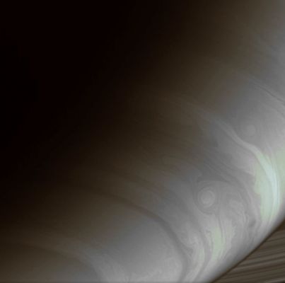 Turbulences... (False Colors; credits: Lunexit)
Caption NASA:"The Cassini spacecraft captures the ripples, loops and storms that swirl in Saturn's East-West flowing cloud bands. 

The image was taken with the Cassini spacecraft wide-angle camera using a spectral filter sensitive to wavelengths of infrared light centered at 728 nanometers. The view was obtained on Dec. 13, 2006 at a distance of approx. 775.000 Km (about 482.000 miles) from Saturn. Image scale is roughly 43 Km (about 27 miles) per pixel".
Parole chiave: Saturn - Upper Atmosphere