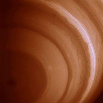The Southern Latitudes and  the South Pole of Saturn (Extremely Enhanced Natural Colors - elab. Lunexit)
Caption NASA:"Rippling with detail, the Southern Hemisphere of Saturn comes to life in this view from the Cassini spacecraft. Long, flowing streamers and bands of great contrast soften toward the Pole, where a great hurricane-like storm resides. 

The image was taken with the Cassini spacecraft wide-angle camera using a spectral filter sensitive to wavelengths of infrared light centered at 890 nanometers. 
The image was taken on Feb. 1, 2007 at a distance of approx. 945.000 Km (about 587.000 miles) from Saturn. 
Image scale is roughly 53 Km (approx. 33 miles) per pixel".
Parole chiave: Saturn - Upper Atmosphere