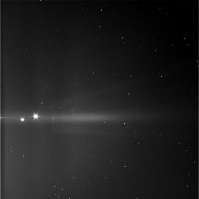 Bright Stars in the sky of Saturn
Original caption:"W00011343.jpg was taken on October 23, 2005 and received on Earth October 24, 2005. The camera was pointing toward SATURN-E-RING at approximately 1.242.596 kilometers away and the image was taken using the CL1 and GRN filters. This image has not been validated or calibrated".

Nota: una sola cosa ci pare certa: questa non è un'immagine dell'Anello G di Saturno. Che cosa rappresenti...tiriamo ad indovinare: il Sole ed un Satellite Saturniano sovraesposto. Che ne dite? E' plausibile?!?
Parole chiave: The sky around Saturn