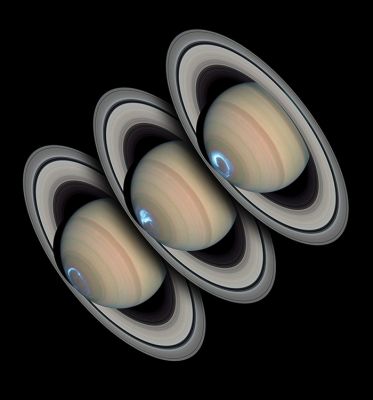 Saturnian Aurora - HST
Da "NASA - Picture of the Day" del 22 Febbraio 2005:
"Are Saturn's auroras like Earth's? To help answer this question, the Hubble Space Telescope and the Cassini spacecraft monitored Saturn's South Pole simultaneously as Cassini closed in on the gas giant in January 2004. Hubble snapped images in ultraviolet light, while Cassini recorded radio emissions and monitored the solar wind. Like on Earth, Saturn's auroras make total or partial rings around magnetic poles. Unlike on Earth, however, Saturn's auroras persist for days, as opposed to only minutes on Earth. Although surely created by charged particles entering the atmosphere, Saturn's auroras also appear to be more closely modulated by the solar wind than either Earth's or Jupiter's auroras. The above sequence shows 3 Hubble images of Saturn each taken two days apart".
Parole chiave: Hubble Images